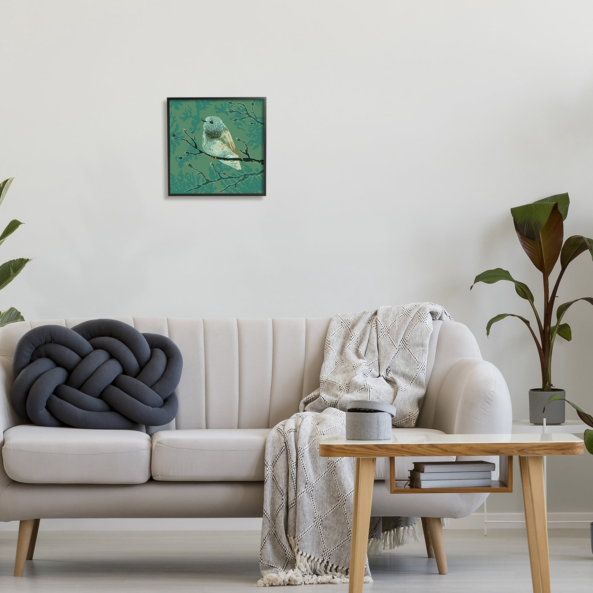 Stupell Industries Green Bird Perched Abstract Botanical Sprigs Detail Graphic Art Black Framed Art Print Wall Art, Design by Verbrugge Watercolor