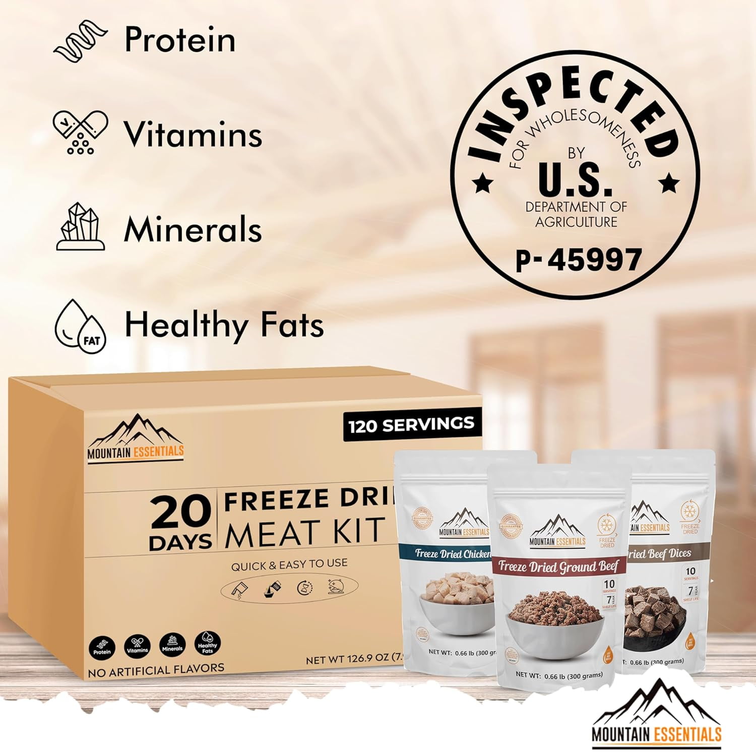 MOUNTAIN ESSENTIALS 120 Servings Freeze Dried Premium Variety Meat Kit | High Protein Intake Contains 2988 Protein Packed Emergency Long Shelf Stable Easy Prep Food For Survival, Camping & Backpacking