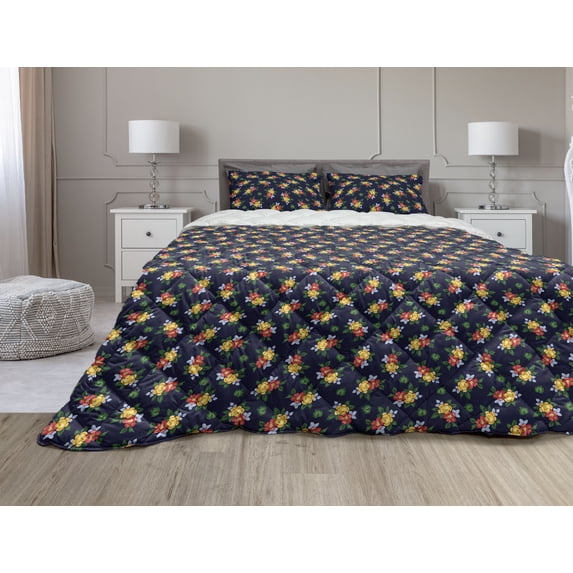 Floral Vintage Comforter & Sham Bedding Set, Garden Bouquets Flower Petals Leaves Summer Essence Retro Design, 3 pcs Duvet Set Microfiber Filling Quilt, 5 Sizes, Indigo and Multicolor, by Ambesonne