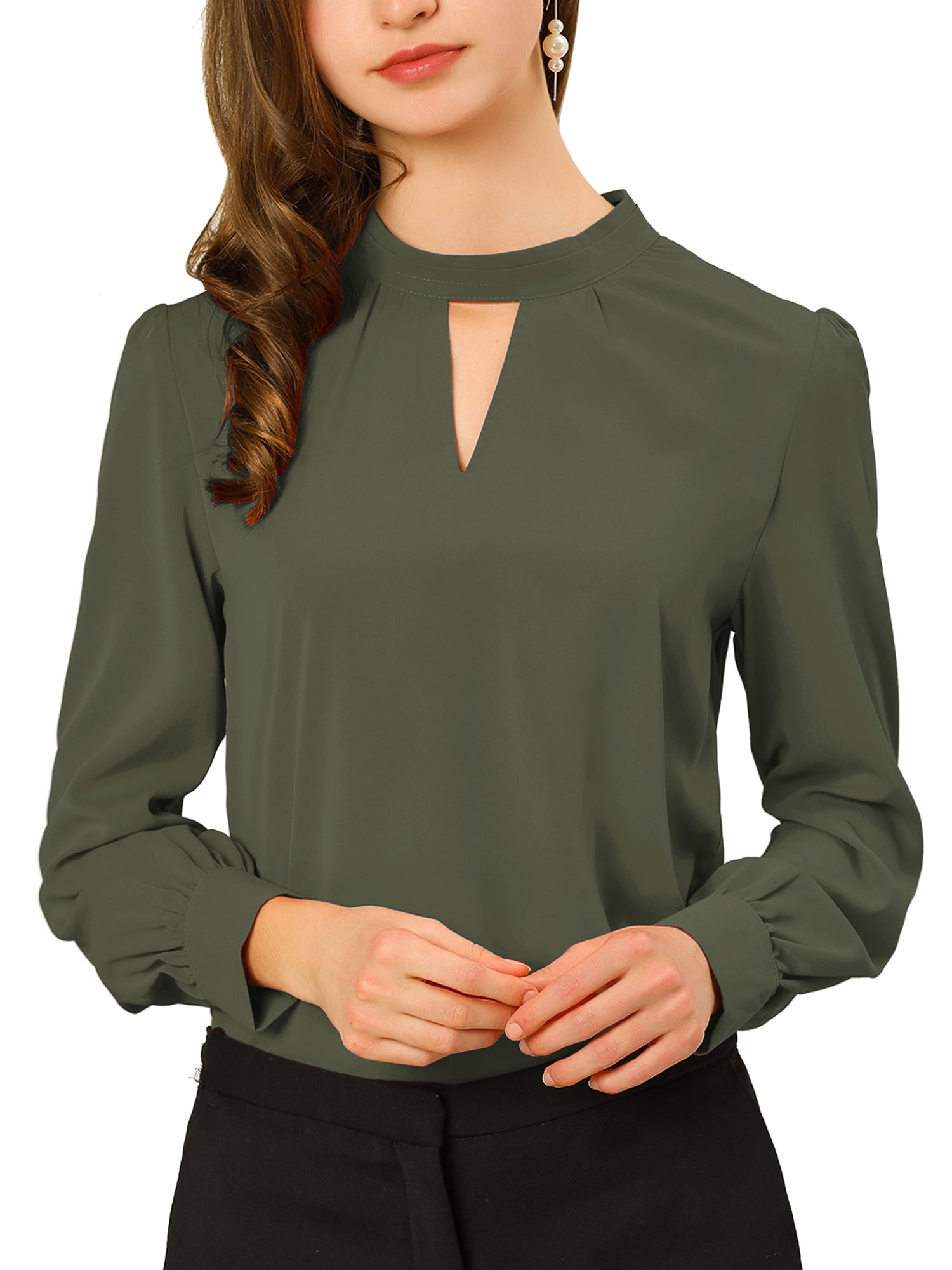 DARING DIVA Women's Stand Collar Long Sleeve Office Blouse XL Dark Green