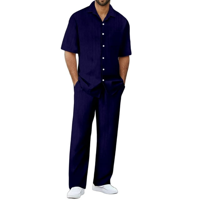 Ediodpoh Men's Suits Stylish Casual Set for Everyday Wear Sports Relaxation and Beach Activities Pure Color Design Comfortable Fit for Spring and Summer Seasons Mens Outfits Navy XL