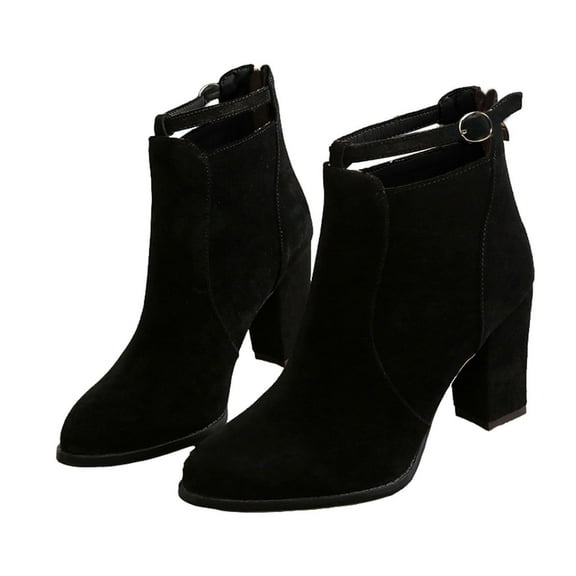 Women's High Heel Ankle Boots Fashion Ankle Strap Buckle Chunky Block High Heeled Booties Ladies Dress Mid Calf Dressy Short Boots Shoes for Women