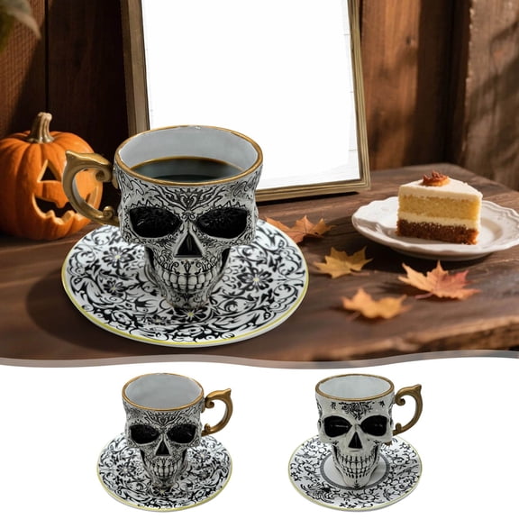 Royal Skull Coffee Mug with Saucer Set, Gold Trim Gothic Tea Cup, Spooky Skeleton Drinkware Set for Coffee Lovers, Collectors, Home & Halloween Gift