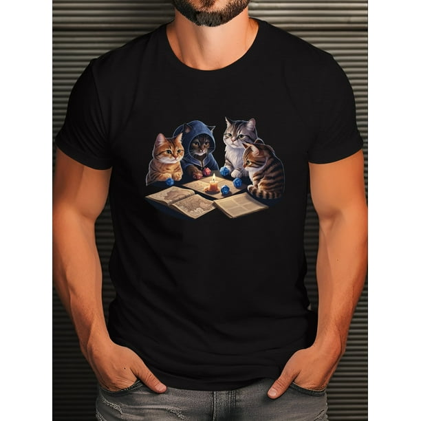 Regular Size Men's Graphic Tee - Relaxed Fit, Crew Neck, Slight Stretch, Breathable Cotton, Summer Casual Wear with Whimsical Cats Playing Dungeons Dragons Print - Fun, Unique Gift for Adults