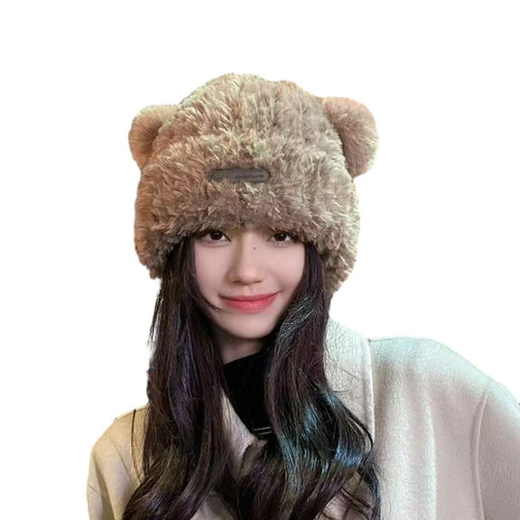 HUANLEDASH Women Winter Hat Cartoon Bear Ear Decor Thick Plush Pure Color Elastic Thick Warm Windpoof Soft Fuzzy Anti-slip Lady Beanie Cap
