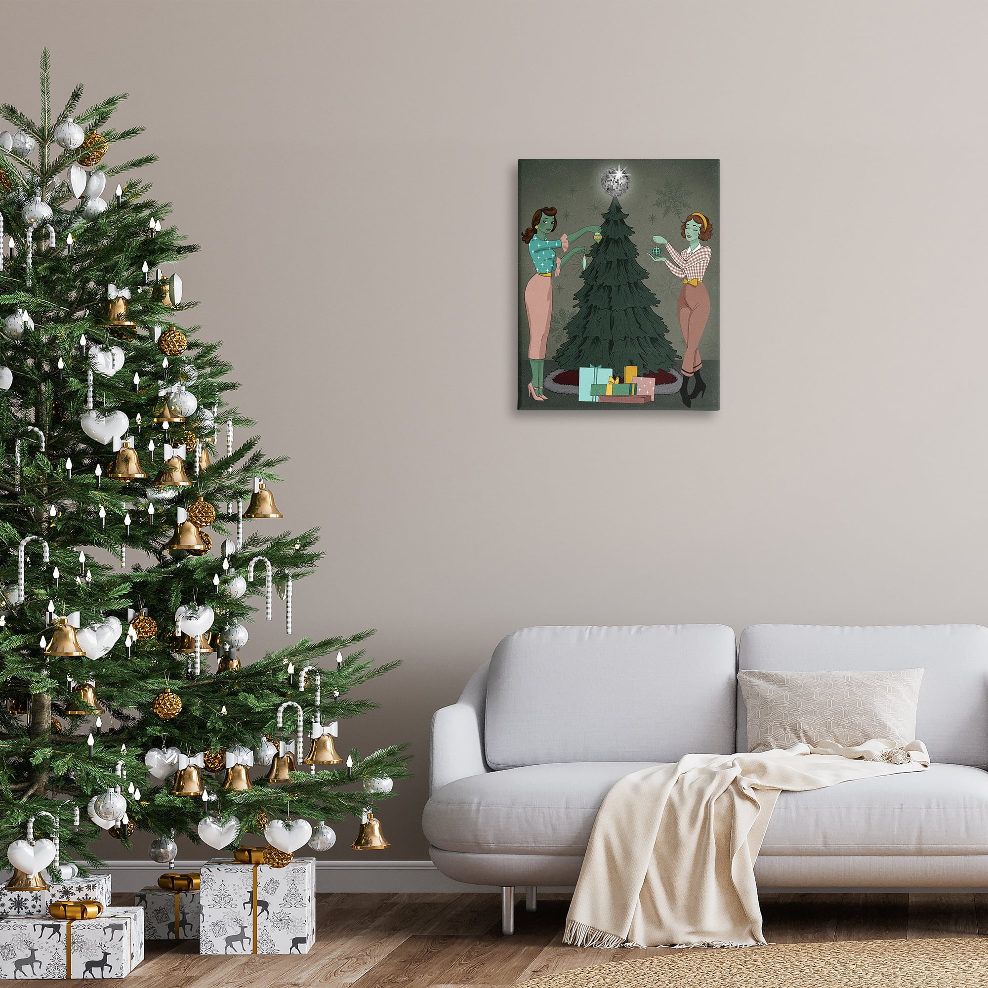 Stupell Industries Girls & Christmas Tree Holiday Painting Gallery Wrapped Canvas Art Print Wall Art, 24 x 30