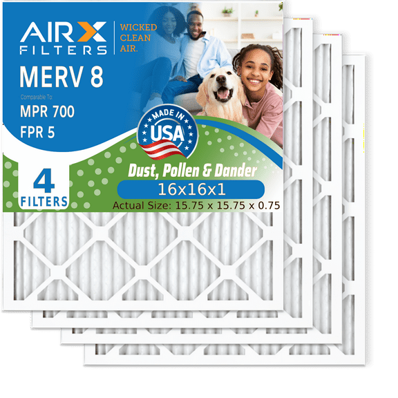 16x16x1 Air Filter MERV 8 Comparable to MPR 700 & FPR 5 Electrostatic Pleated Air Conditioner Filter 4 Pack HVAC AC Premium USA Made 16x16x1 Furnace Filters by AIRX FILTERS WICKED CLEAN AIR.