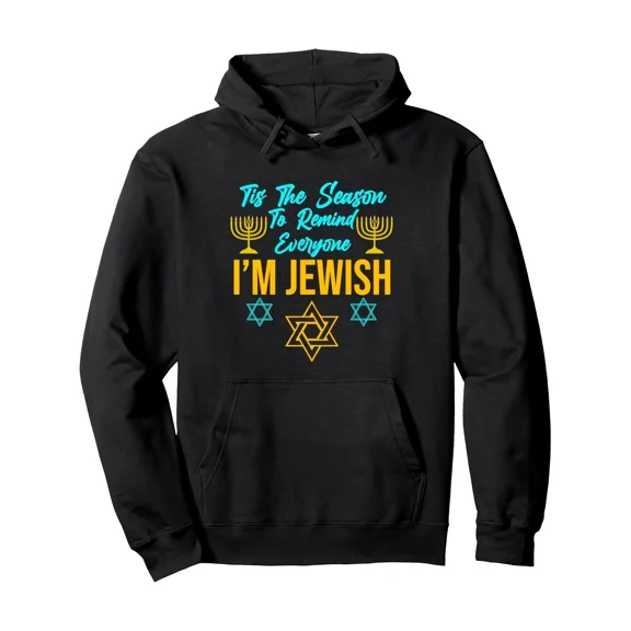Hanukkah Jewish Hebrew English I Am Jewish Menorah Graphic Pullover Hoodie Shirt for Men & Women, up to Size 5XL