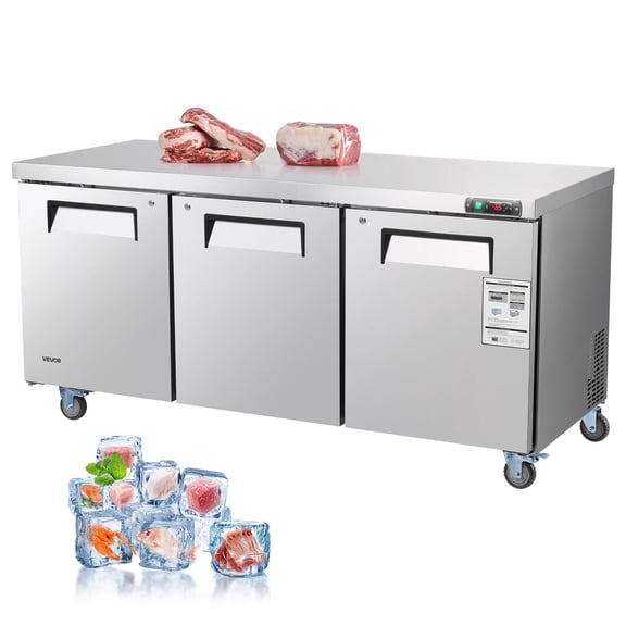 VEVOR 72" W Commercial Freezer, 17.7 Cu.Ft Worktop Freezers Undercounter with LED Auto Lighting and Lockable Door, 3 Doors Food Freezing Prep Worktable, Stainless Steel Prep Frozen Table with Casters