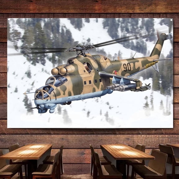 MiL-24D Hind Attack Helicopter Posters and Prints Canvas Painting - 38" x 57" Air Force Military Artwork For Army Fans - Wall Hanging Flag Banner For Room & Office Wall Decor