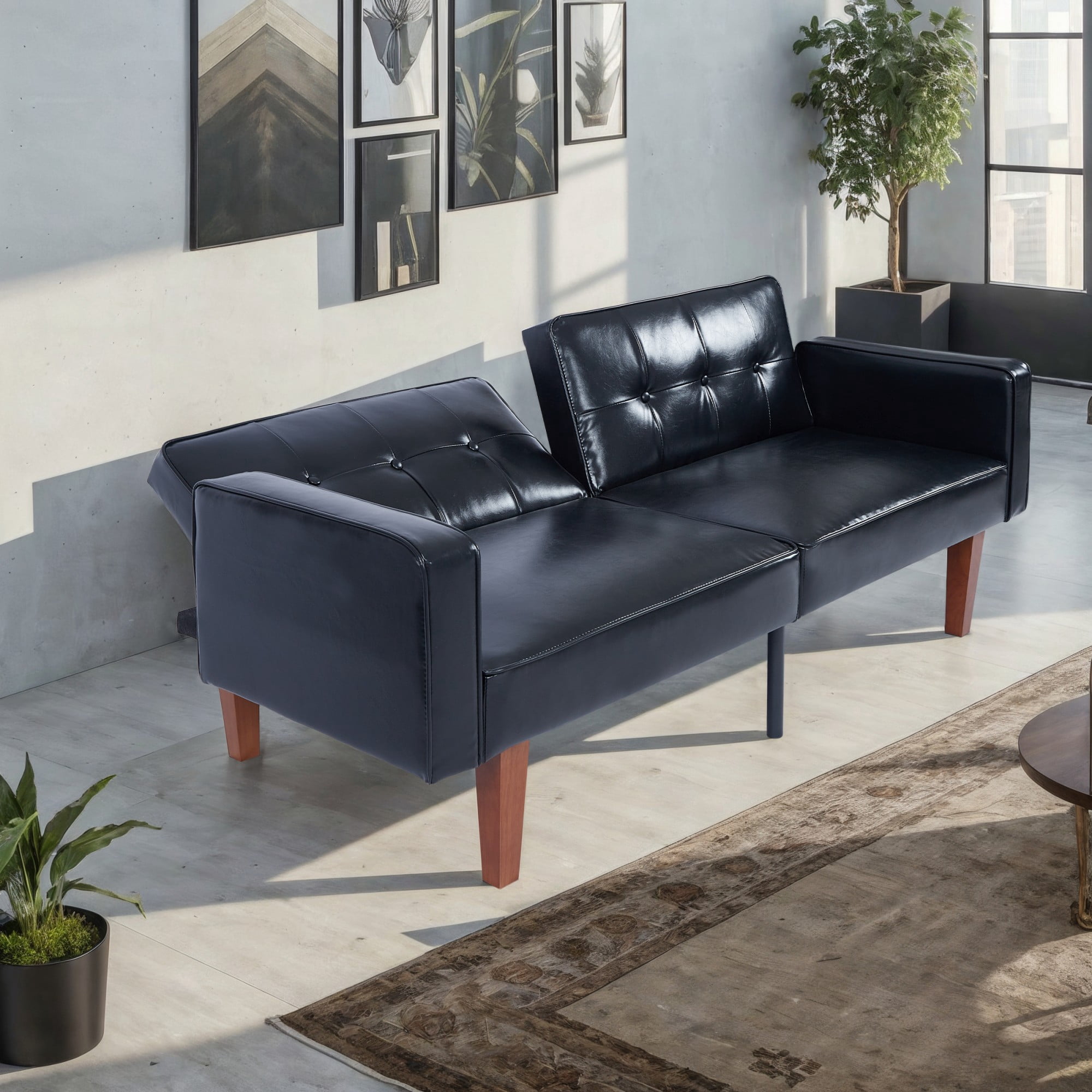 BSHTI 68.11" PU Convertible Sofa Bed with Adjustable 3-Position Backrest, Button-Tufted Split Back for Living Room/Office(Black)