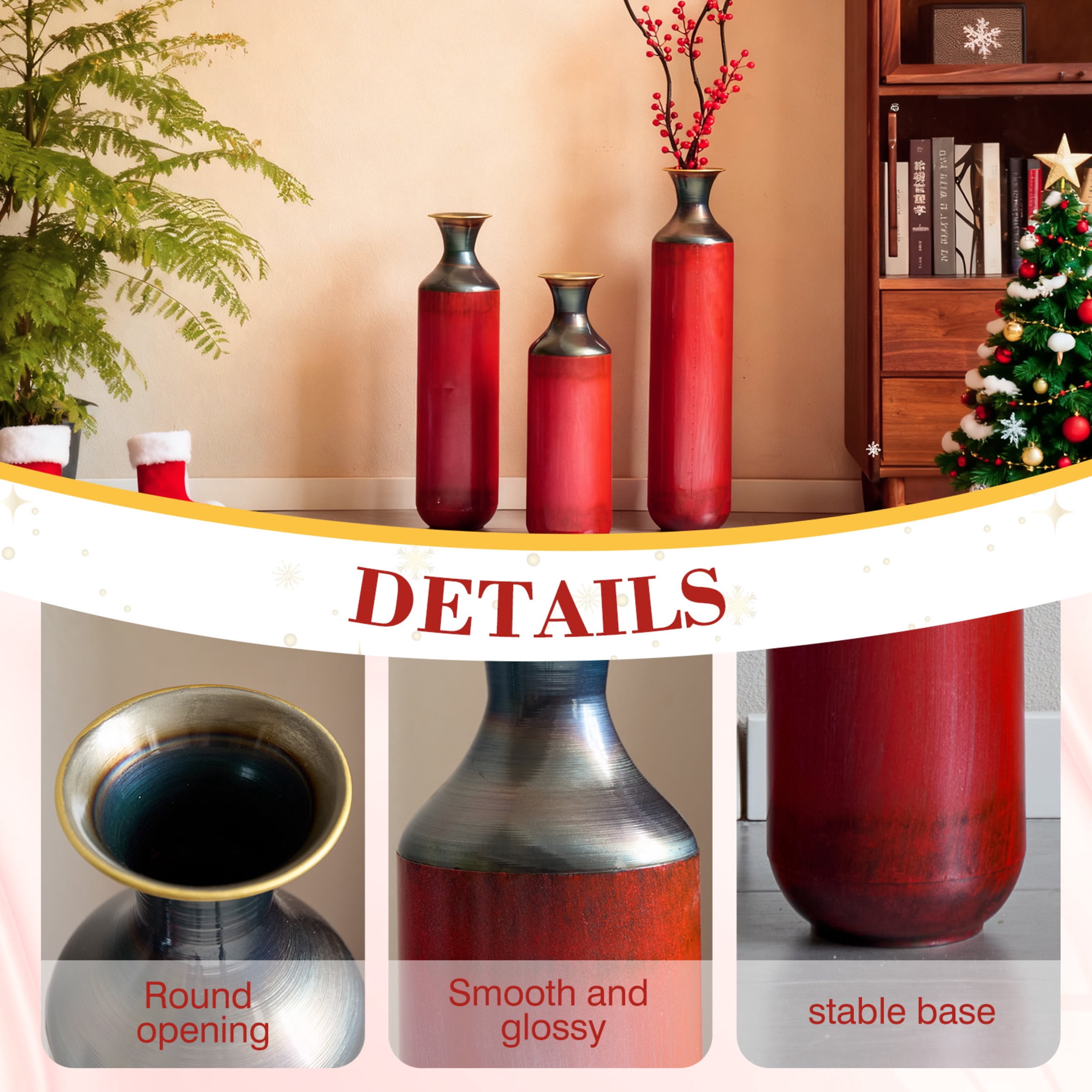 Noble House Set of 3 Torch-Fired Metal Floor Vases, 28.35", 24.41", 20.47" Tall, Red
