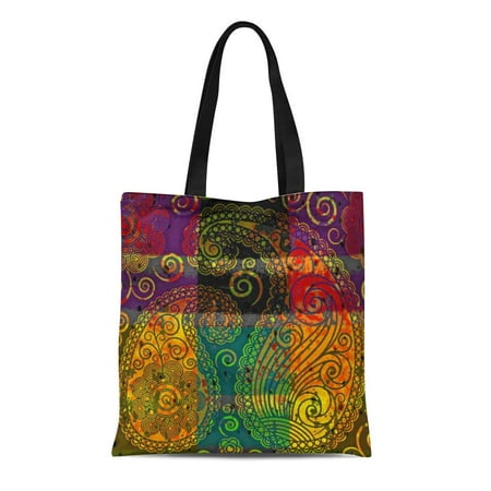 LADDKE Canvas Tote Bag Red Paisley Color Block Green Reusable Handbag Shoulder Grocery Shopping Bags
