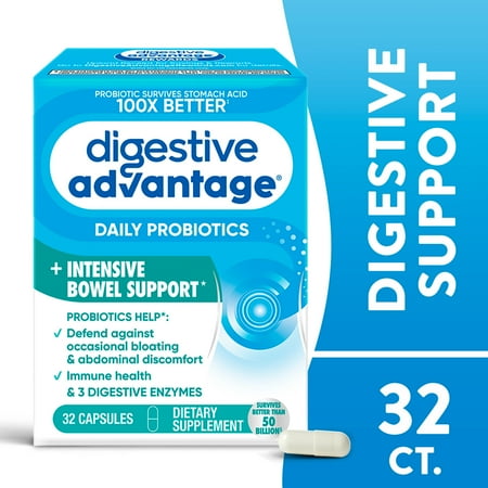 Digestive Advantage Intensive Bowel Support Probiotics For Women And Men, Digestive Enzymes For Gut Health, 32 Capsules