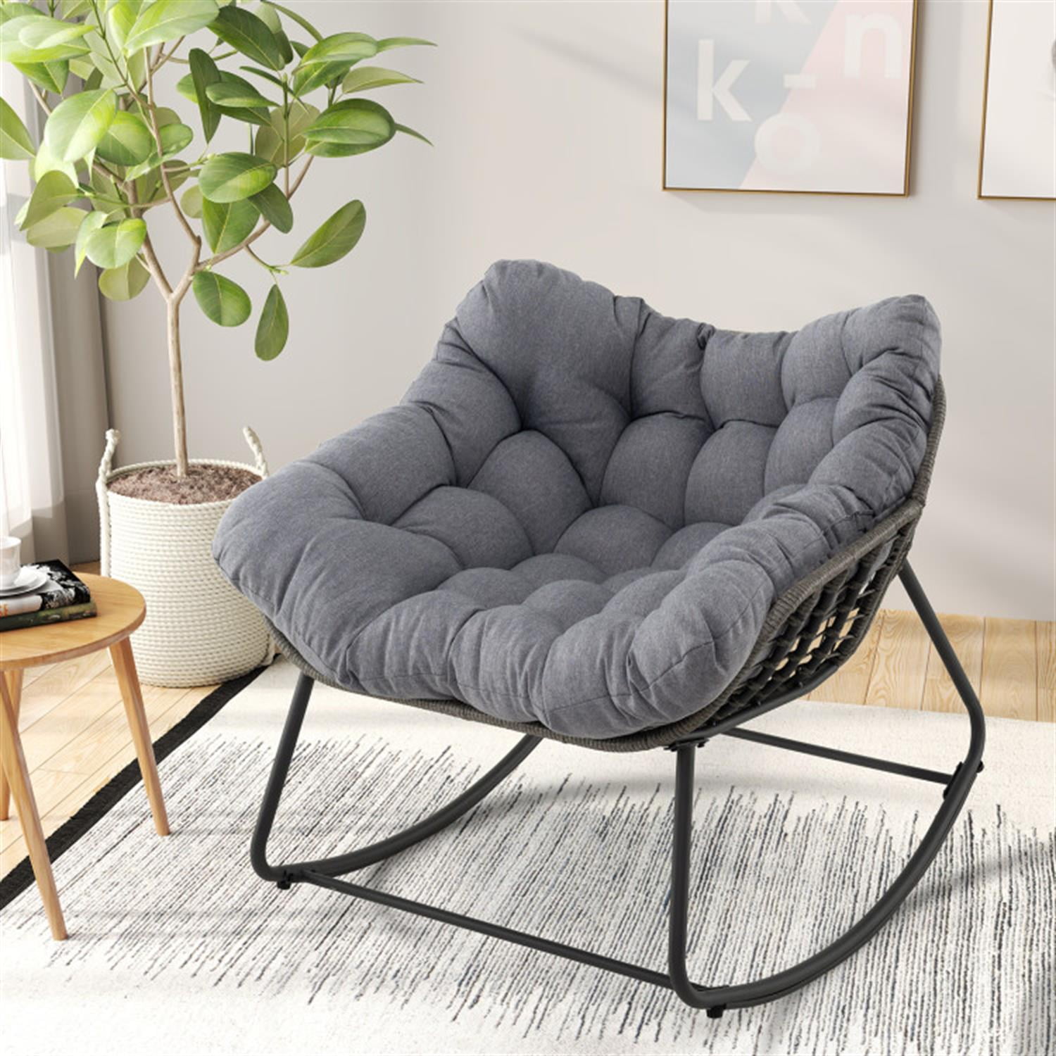 Demi Bonn Outdoor Rocking Chair Oversized Patio PE Wicker Egg Chair with Cushion, Patio Accent Furniture Fire Pit Lounge Chairs for Yard, Garden, Gray