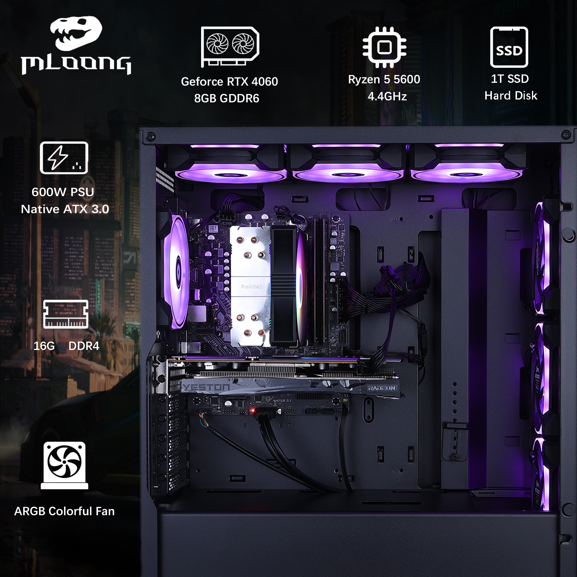 Mloong Gaming PC Desktop AMD Ryzen 5 5600, GeForce RTX 4060,1TB SSD,16GB RAM ,600W ,Win11 WIFI