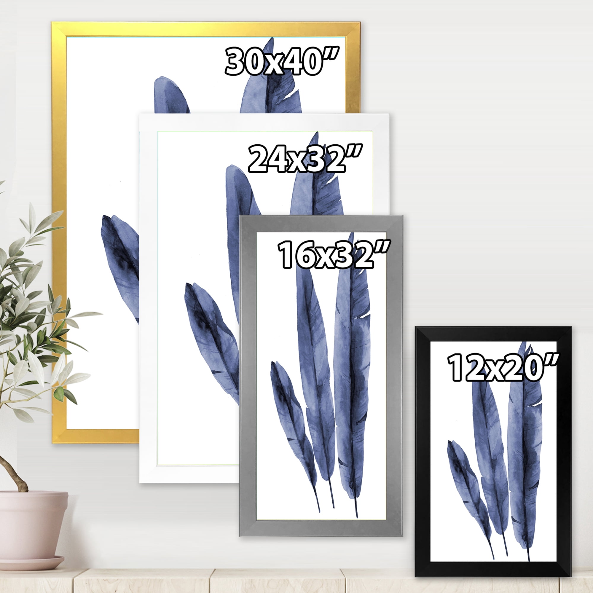 Designart 'Navy Blue Tropical Banana Leaves On White' Tropical Framed Art Print
