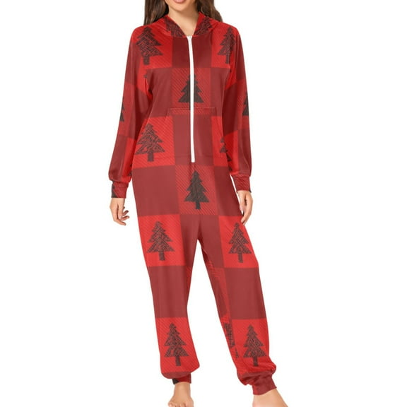 Red Plaids Black Christmas Trees Adult's Hoodie Onesie Jumpsuit One-Piece Pajamas with Zipper Unisex for Holiday S