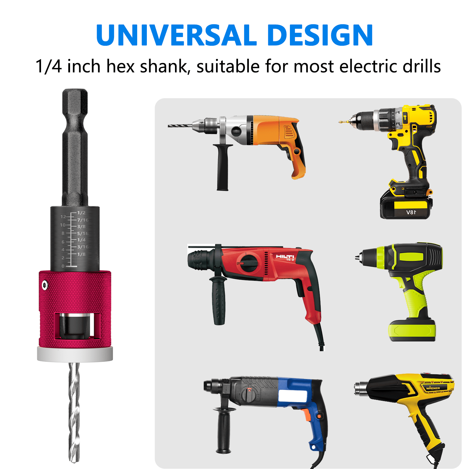 5Pcs Countersink Drill Bit Set with Adjustable Depth Stop, 1/4" Hex Shank Quick Change Drilling Tool Kit, 82° Woodworking Chamfer Bits for Wood, Plywood, MDF, Plastic