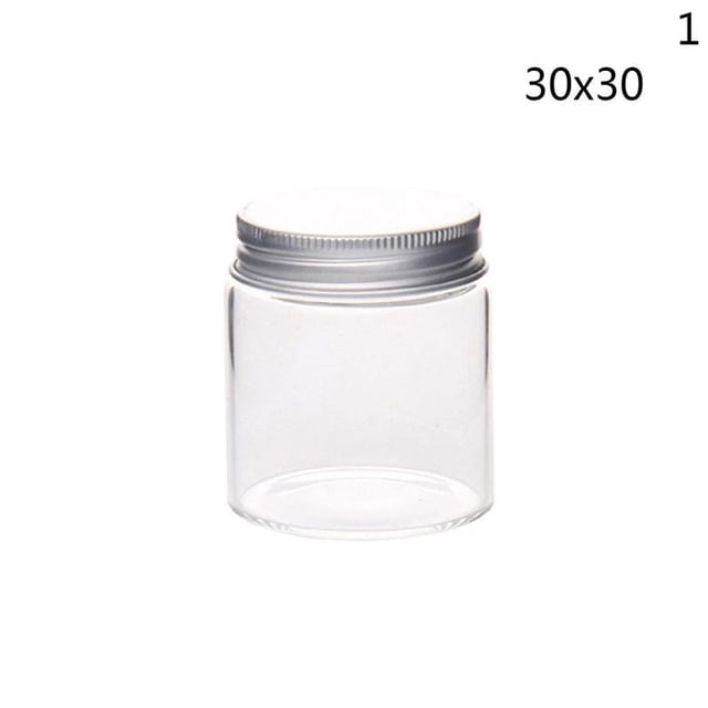 frascos pequeños de vidrio con tapa de rosca de aluminio, frascos pequeños, nuevos, s0c2 frasco transparente cilíndrico de base plana con tapa de rosca de aluminio plateada, vista frontal centrada sobre fondo blanco; ideal para guardar muestras, accesorios o como organizador de viaje compacto.