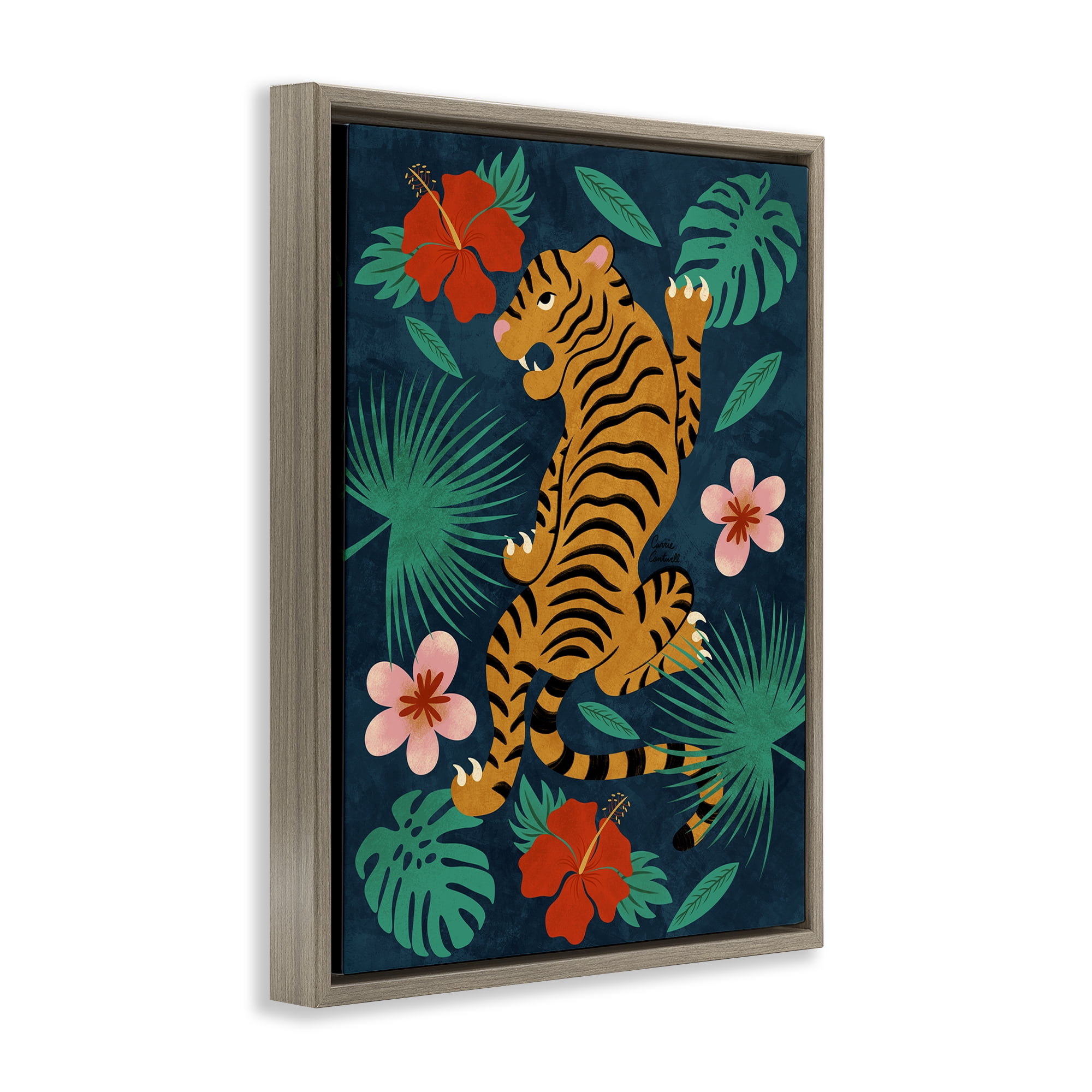 Stupell Industries Climbing Tiger Tropics Animals Painting Brown Floater Framed Canvas Art Print Wall Art, 17 x 21