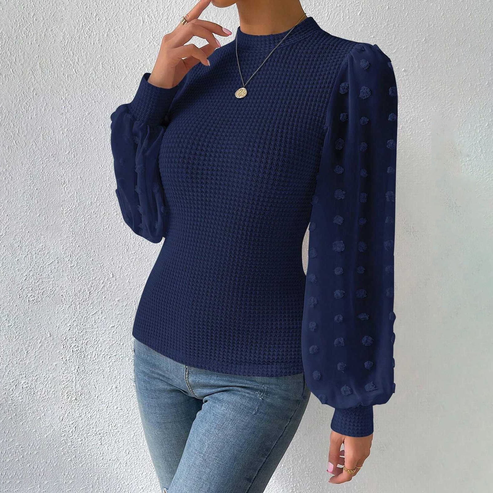Prolriy Summer Tops for Women 2024 Women's Mesh Daily Fashion Crew Neck Regular Fitted T Shirt Women's Boho Dot Sleeve Blouse Womens Tops Blue2 L