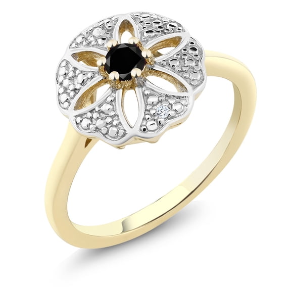 Gem Stone King 18K Yellow Gold Plated Silver Black Diamond and I Diamond Engagement Ring for Women | 0.10 Cttw | Round 3MM | Gemstone April Birthstone | Size 5
