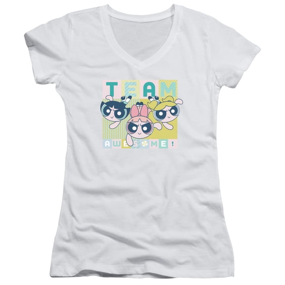 Powerpuff Girls Awesome Block Junior Women's T-Shirt V-Neck White