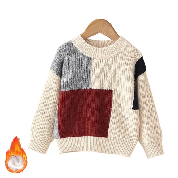 HAYIMI Boys Soft Lined Knit Sweater Long Sleeve Crewneck Patchwork Pullover Tops For Toddler Kids Winter Cozy Warm For Cold Weather Indoor Outdoor Dailywear