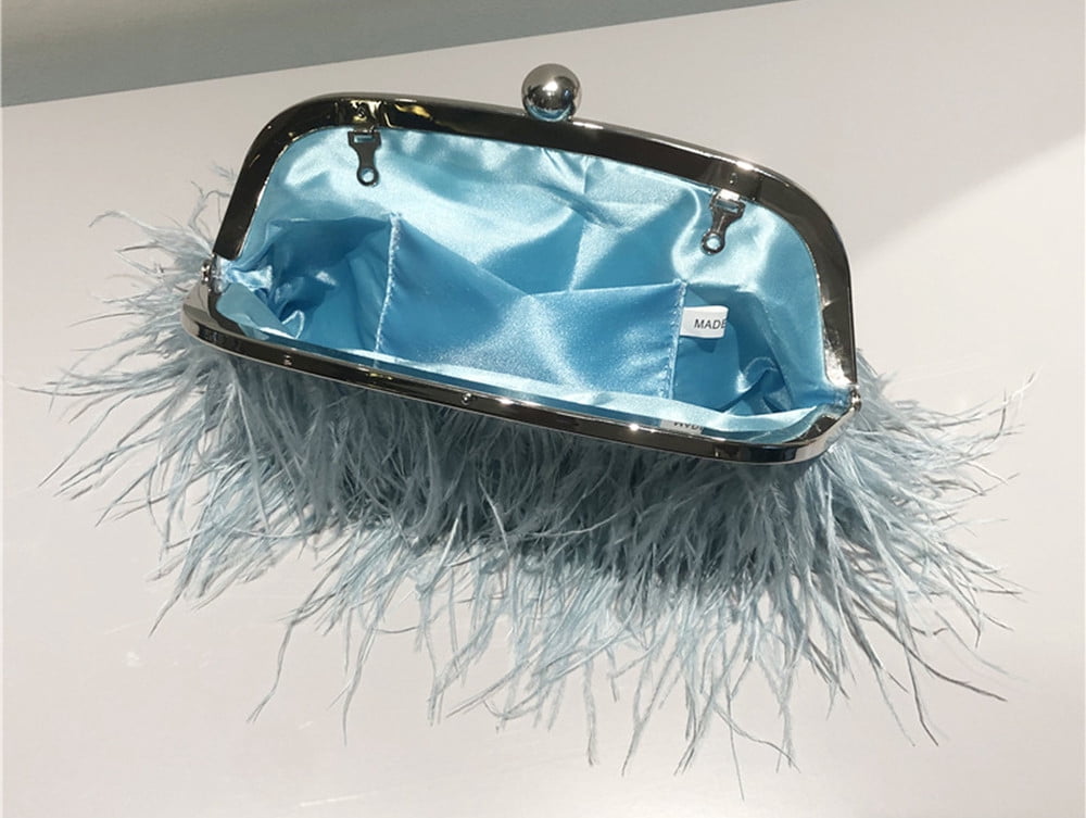 Vintage Fluffy Ostrich Feather Evening bags and Clutches for Women Pearl Chain Tote bags Bridal Purses Wedding Party Blue