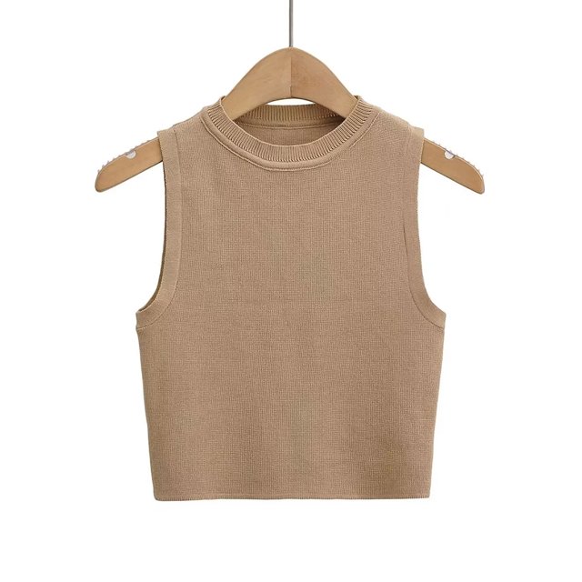 YTDSCS Gilet Chandail pour Femmes Col Rond Tricoté Été Chandail T-Shirt Extensible Couleur Unie Hauts S-L