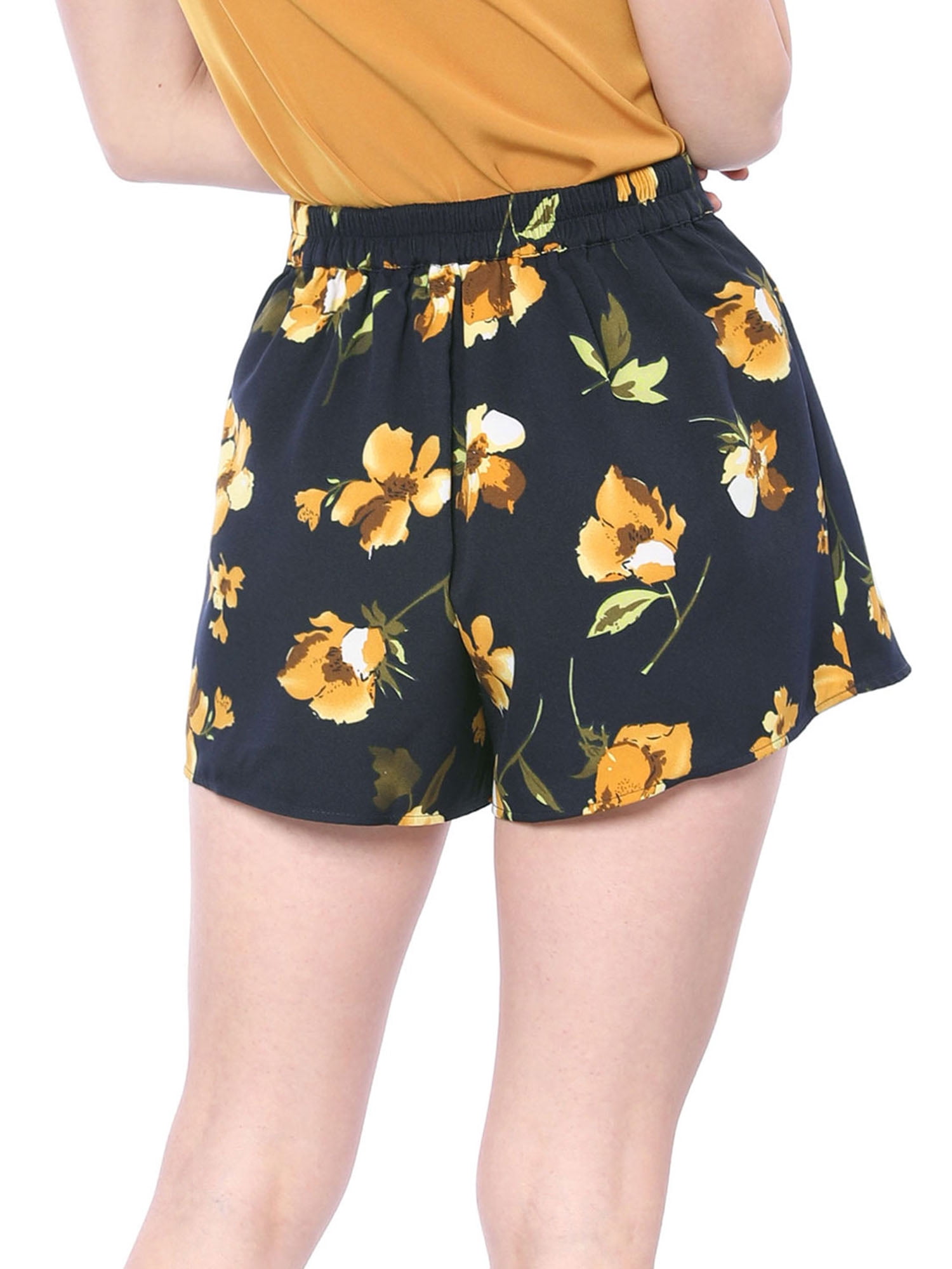 DARING DIVA Women's Floral Print Elastic Tie Waist Beach Short L Blue