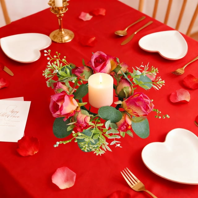 Fiudx Couronne de Roses Multicolores avec Feuilles et Baies / Centre de Table Rond de 20 cm pour la Saint-Valentin, Mariages et Décorations de Fête / Porte-bougie en Plastique