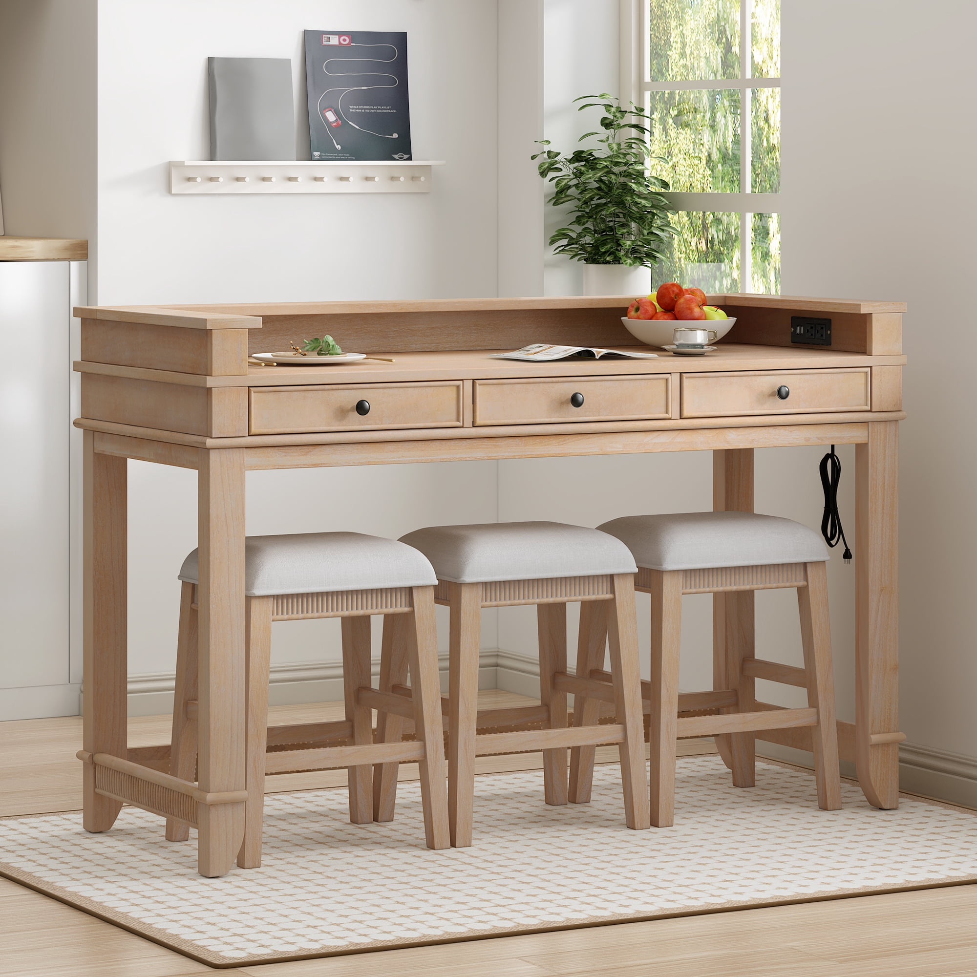 Euroco 4-Piece Kitchen Bar Table and Chairs Set for 3,Retro Dining Room Set with Power Outlet,3 Drawers & 3 Stools for Small Spaces,Natural