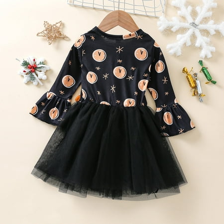 

Cathalem Flippy Dress for Girls Toddler Kids Girls Long Sleeve Cartoon Prints Bowknot Mesh Tulle School Outfits for Girls Dress Black 4-5 Years