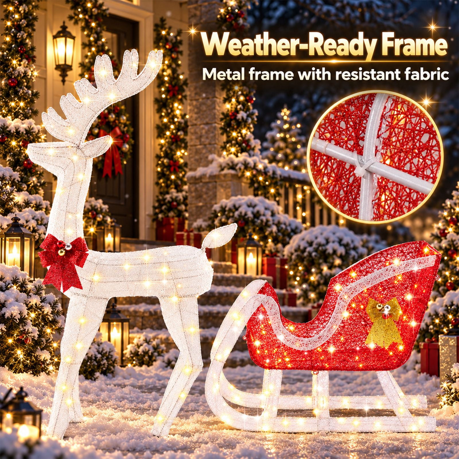 Alvantor Christmas Decoration Lighted Reindeer Sleigh, 180 LEDs, Yard Decor, White, 25.6 x 9.1 x 47.6 In