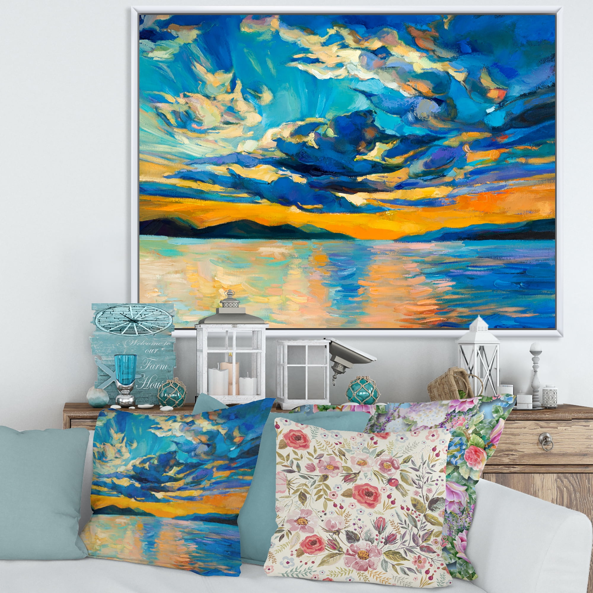 Designart 'Cloudy Sunset Over Wide Open Ocean Horizon' Nautical & Coastal Framed Canvas Wall Art Print