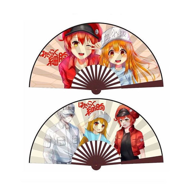 Ventiladores plegables, ventiladores de mano, plaquetas de anime, 2 unidades, tela y bambú