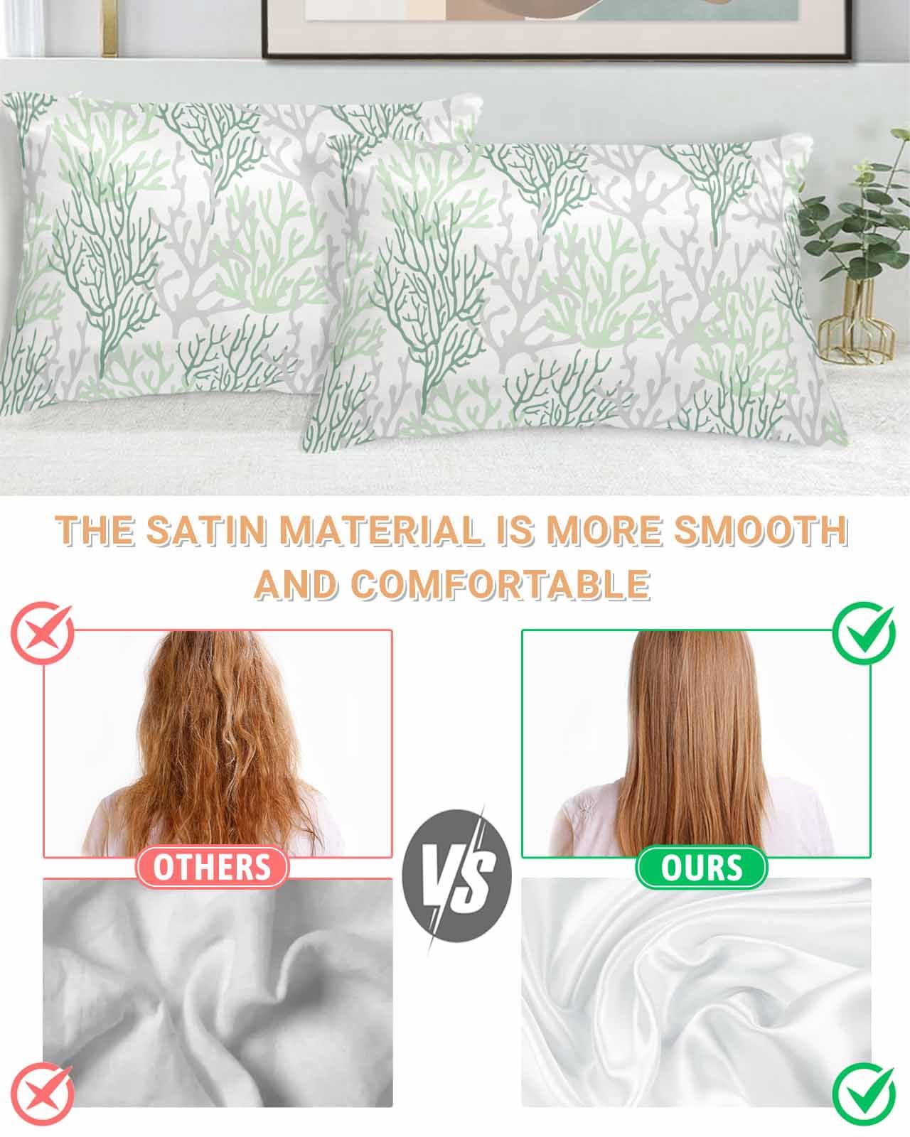 Sage Green Coral Coastal Pillow Cases Queen Size Set of 2, Smooth Satin Pillowcase for Hair and Skin, Summer Beach Seaside Nautical Decorative Cooling Bed Pillow Covers with Zipper, 20x30 Inches