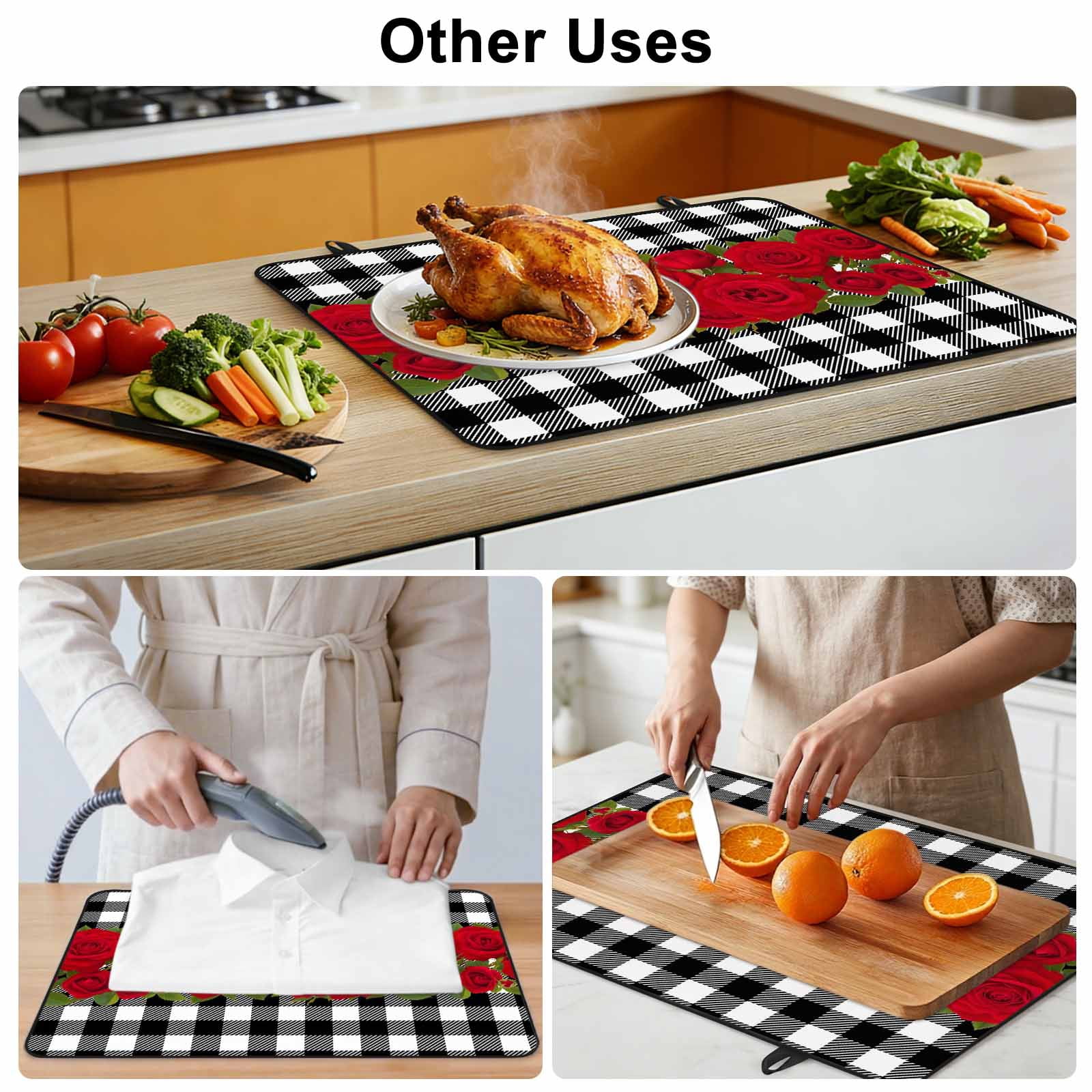 Valentine's Day Stove Top Cover for Electric Stove, Heat-proof & Non Slip Glass Top Stove Cover Protector, Red Roses Floral Leaves Buffalo Plaid Kitchen Flat Cooktop Rubber Mat 24x21 Inches