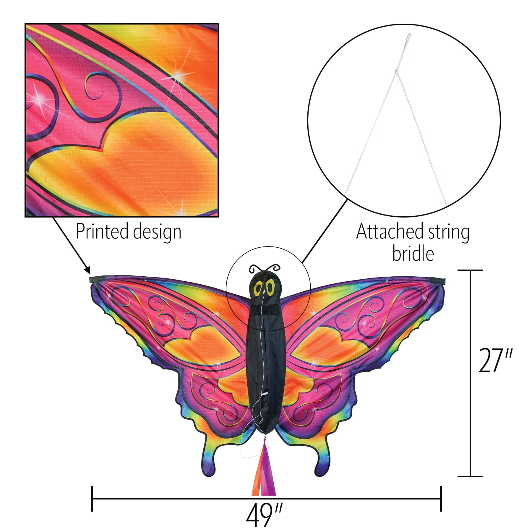 In the Breeze 3382 — Fancy Butterfly Kite — Colorful Easy-Flying Kite with Color-Coordinated Tails, Kite Line Included