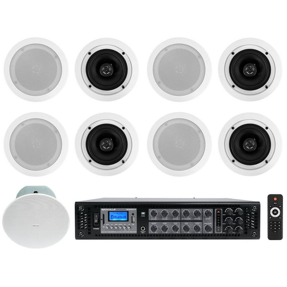 8) Rockville CC525T 5.25 inch Commercial 70v White Ceiling Speakers 8" Sub Amplifier