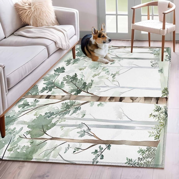 Watercolor Forest Green Area Rug 3x5 Washable Rug Non Slip Vintage Branches Leaves Large Area Rug Indoor Floor Carpet for Entryway Bedroom Kitchen Living Room Home Office Dining Room Nursery
