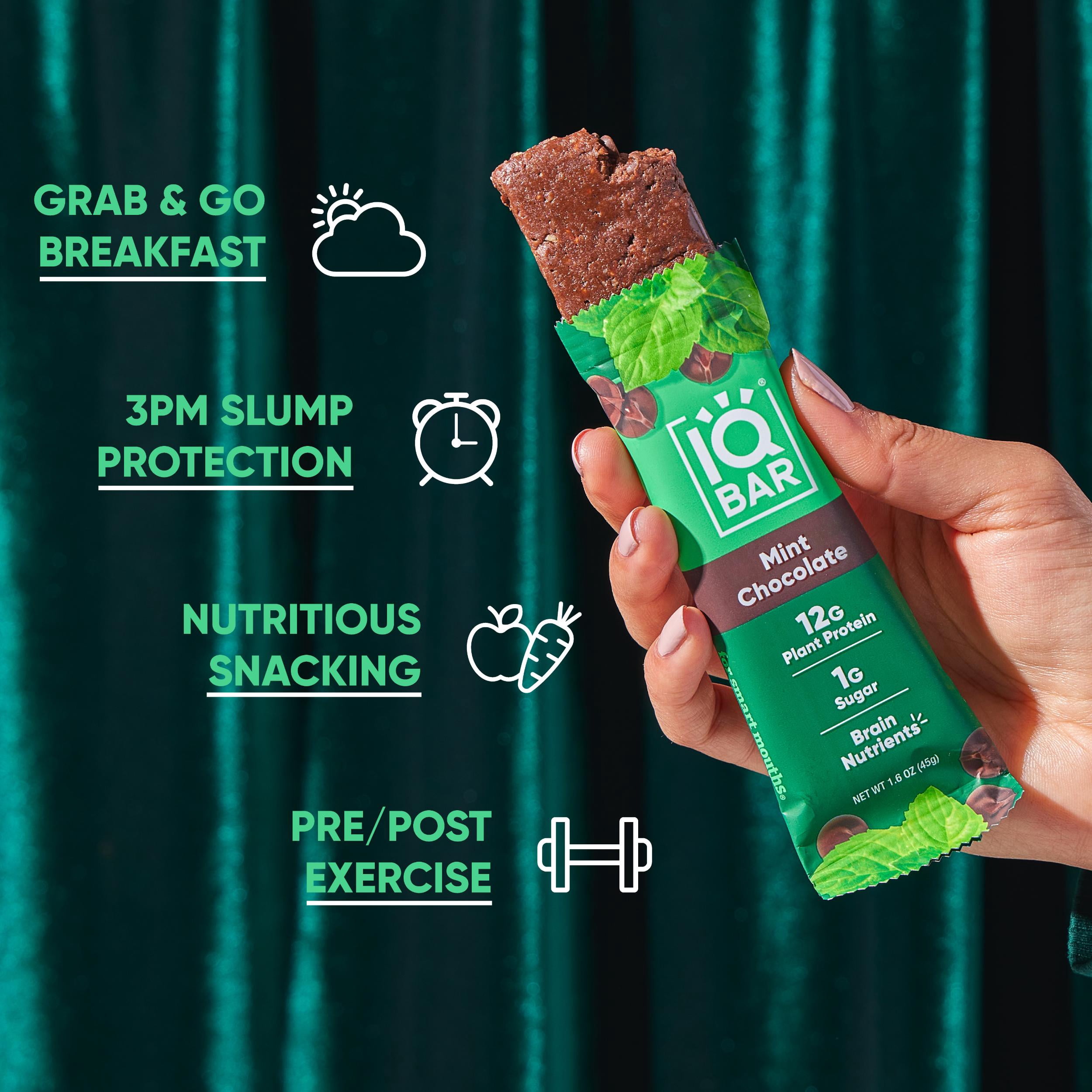 IQBAR Mint Chocolate Protein Bars - Vegan Energy Bars - High Fiber Vegan Snacks - 4 Count Box