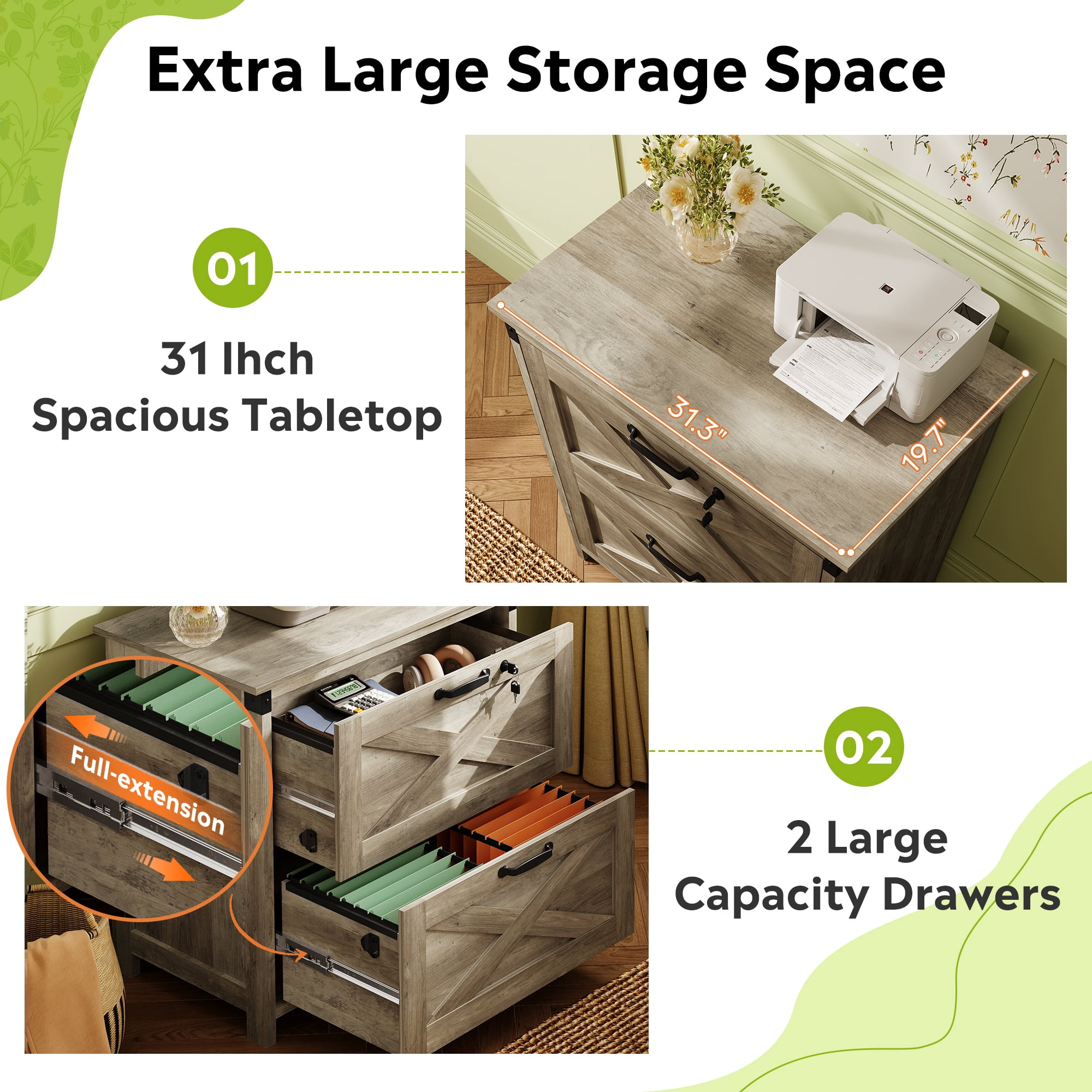 GALAXHERO 2 Drawer Lateral File Cabinet with Lock, Farmhouse Wood Filing Cabinet for Home Office, Fits Letter/Legal/A4, Printer Stand, Gray Oak