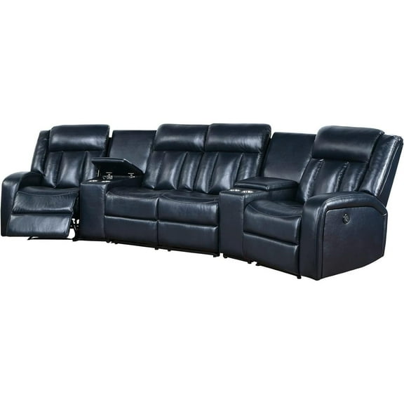Manual Recliner Sectional Set - 5 Piece Navy Blue Faux Leather Living Room Furniture