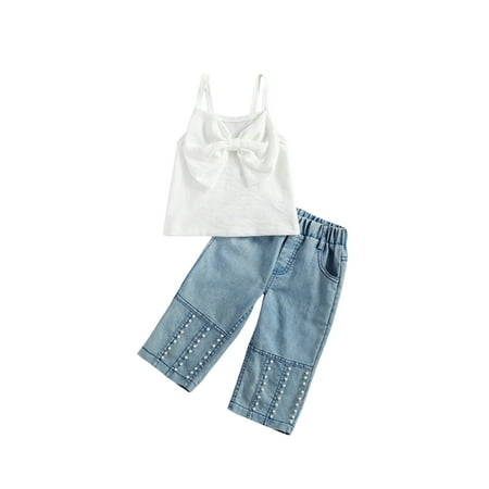 

Nokpsedcb 2Pcs Kids Baby Girls Spring Summer Sets Bowknot Crop Tops Denim Pants