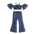 thumbnail image 2 of Yunliwuli Girls Summer 2PCS Pants Sets Short Sleeve Off Shoulder Tops Denim Flared Pants Sets, 2 of 10