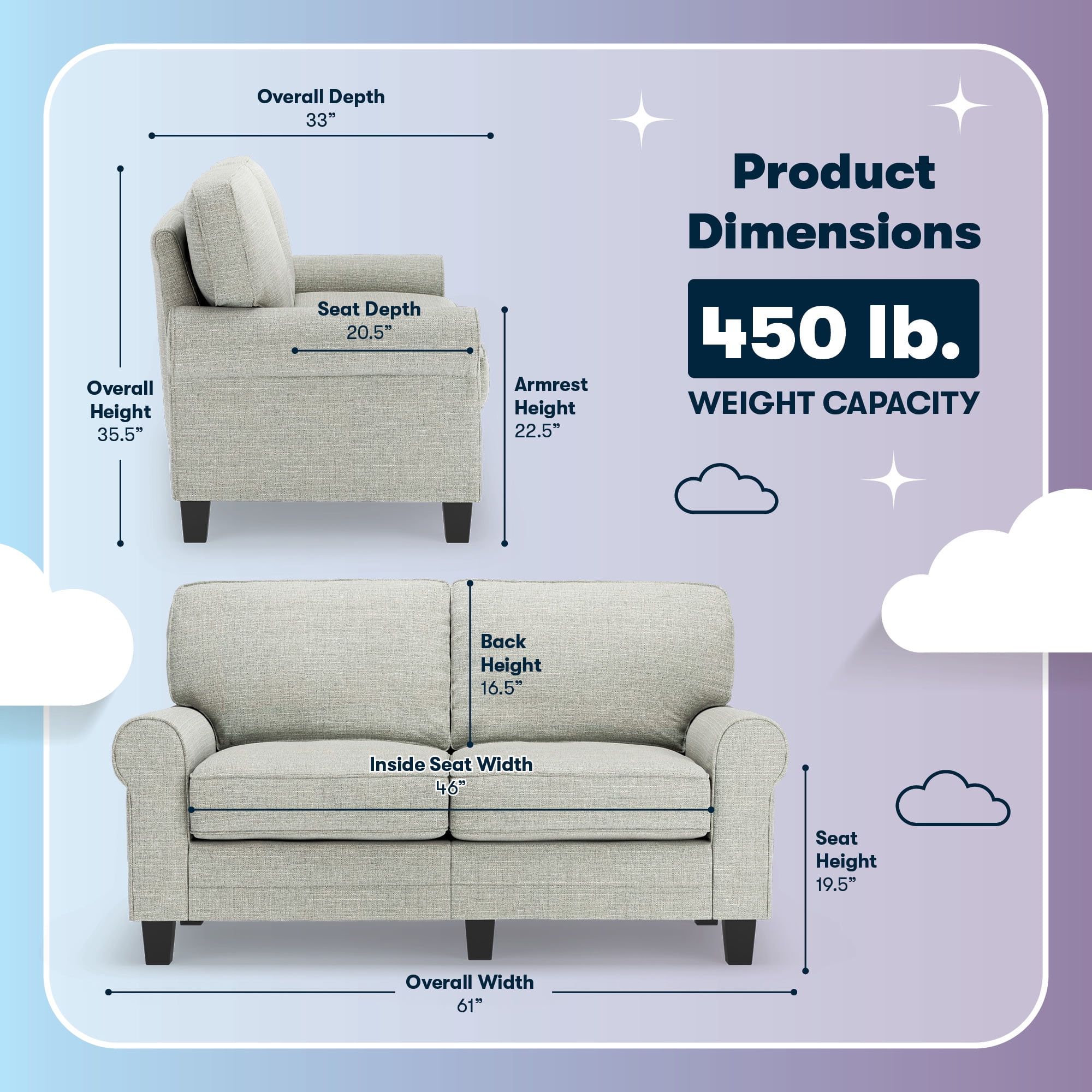 Serta Copenhagen 61" Rolled Arm Sofa, Easy Care Polyester, Loveseat or Couch for Small Spaces, Living Rooms or Bedrooms, Pebble Gray