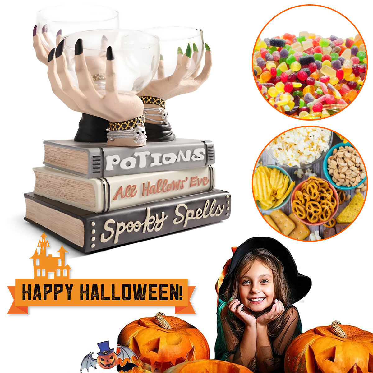 Atopoler Snack Bowl Stand Witch Hand Candy Holder Bowl Halloween Snack